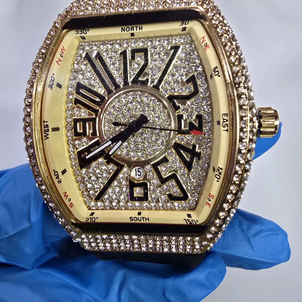 45mm Gold Plated VVS CZ Watch Black  Genuine Leather Band Quartz  Large Case.